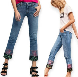 Anthropologie Pilcro Slim Boyfriend Jeans with Patchwork Satin Hems Boho 25